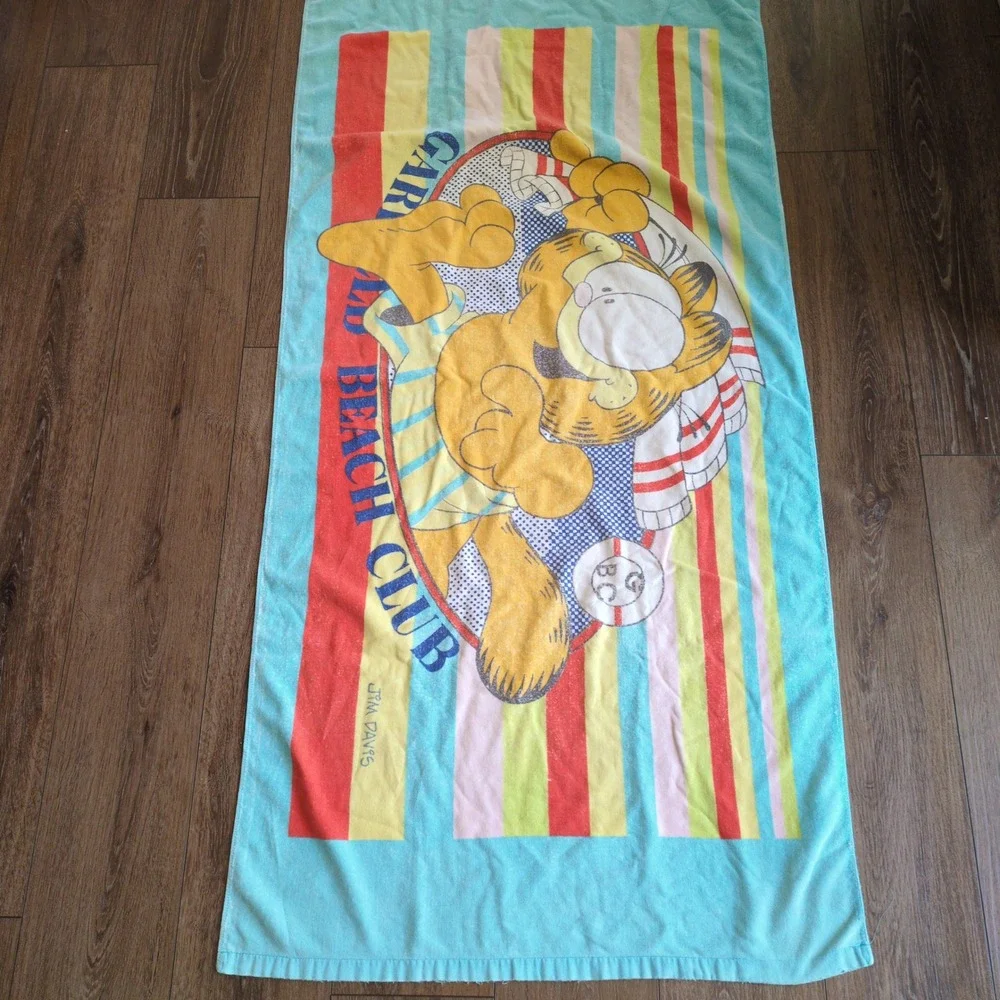 Vtg 1978 Garfield Beach Club Towel Blue Striped Jim Davis Cartoon Stripe 57x29